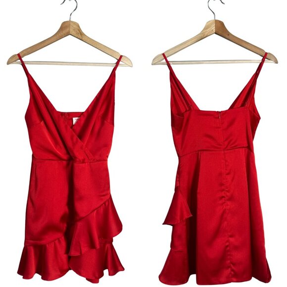 Showpo Cloud Cover Faux Wrap Ruffle Mini Dress Womens 2 Red Cocktail Party Girly - Picture 3 of 14